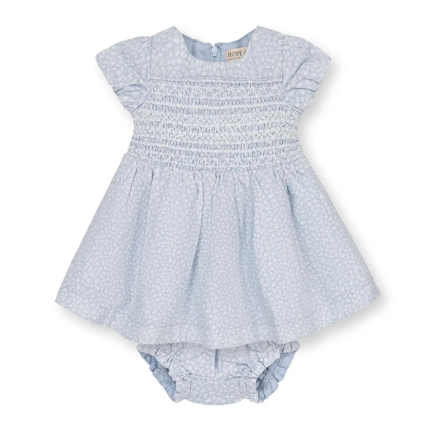 Hope and Henry- Linen Smocked Puff Sleeve Dress- Blue Chateau Ditsy