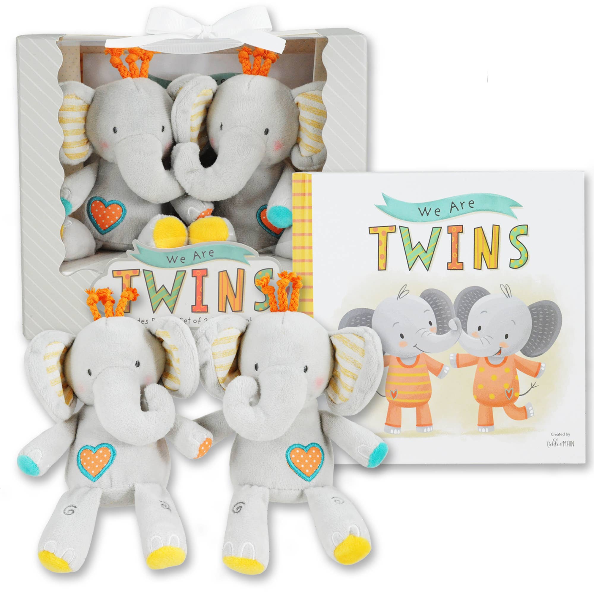 Bearington Collection - We are Twins Gift Set w/ Book and 2 Plush Elephant Rattles