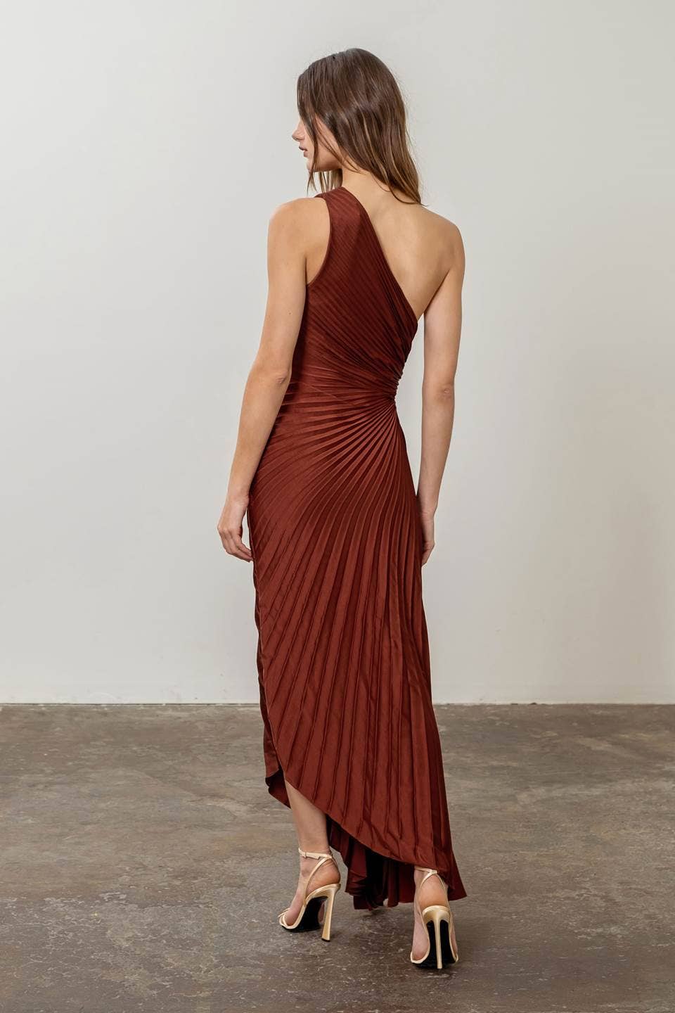 Image of Unbalance Cutting Pleats Midi Dress